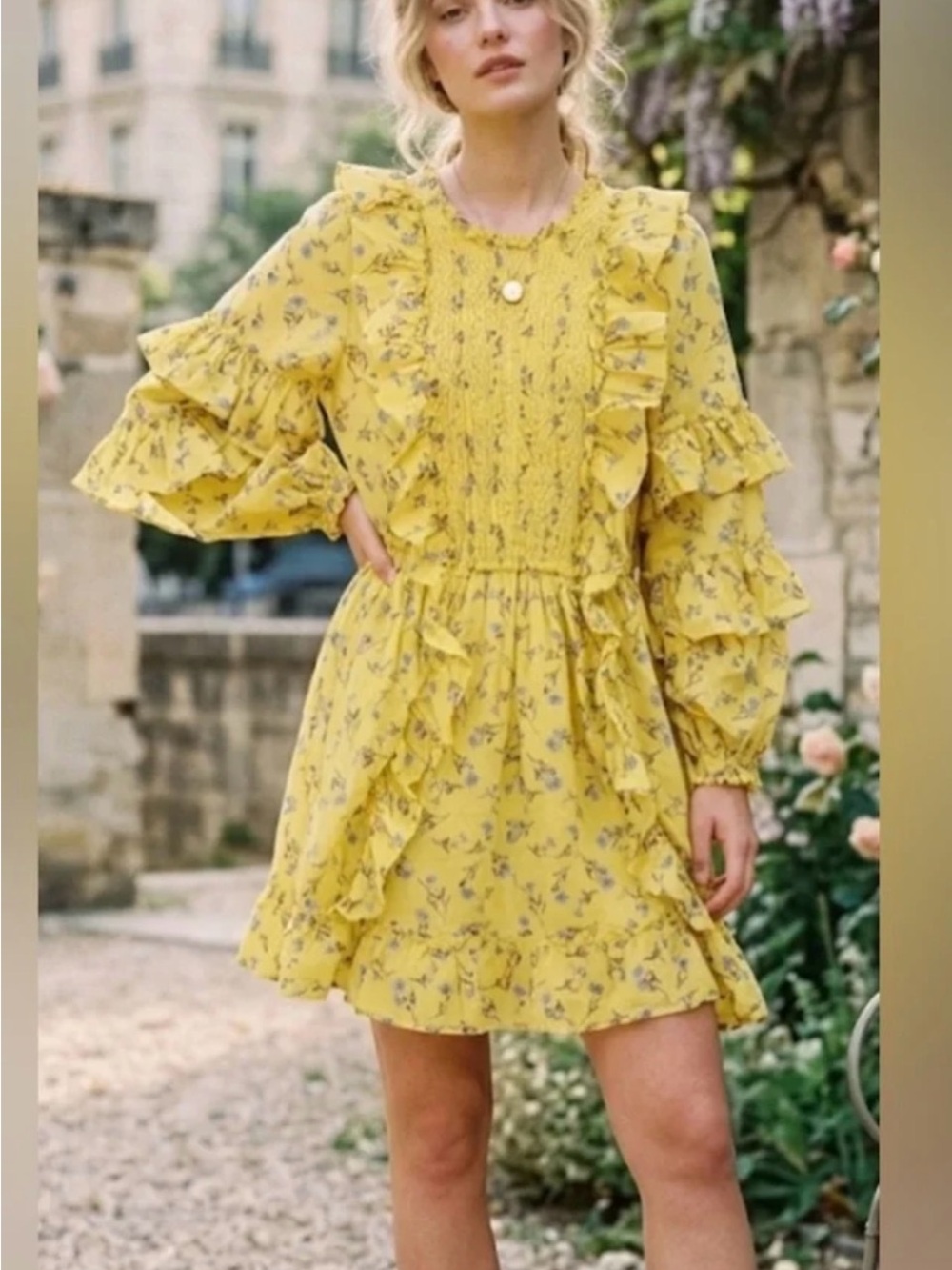 Yellow Floral Ruffle Mini Dress with Smocked Bodice- NWT